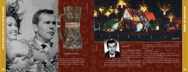A black-and-white photo of a smiling woman with leis, a decorative ceramic pitcher, a suited man’s photo, text, and a nighttime shot of the iconic Mai-Kai by Schiffer Publishing, Ltd., a Tiki-era gem surrounded by palms.