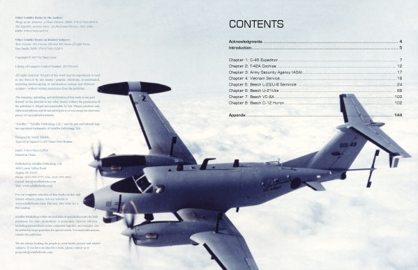 A US Army Twin Beeches aircraft, featured in Schiffer Publishing, Ltd.'s book, flies above the clouds with a radar dome; contents and chapter listings are shown in the upper right of the image.
