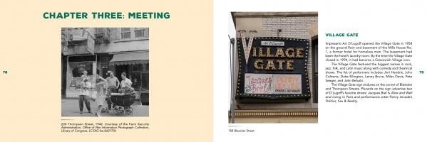 A historical black-and-white photo with a baby carriage and a color photo of the Village Gate sign at 158 Bleecker St. showcase downtown’s history and NYC ghost signs in "Ghost Signs" by Schiffer Publishing, Ltd. Photo by Frank Mastropolo.
