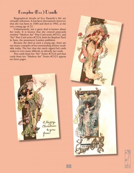 A vintage-style magazine page showcases Schiffer Publishing, Ltd.’s Art Nouveau & Art Deco Fashion Postcards, featuring four elegant fashion illustrations of women in ornate dress and a festive card reading “A Happy Christmas to You from fond friends.”.