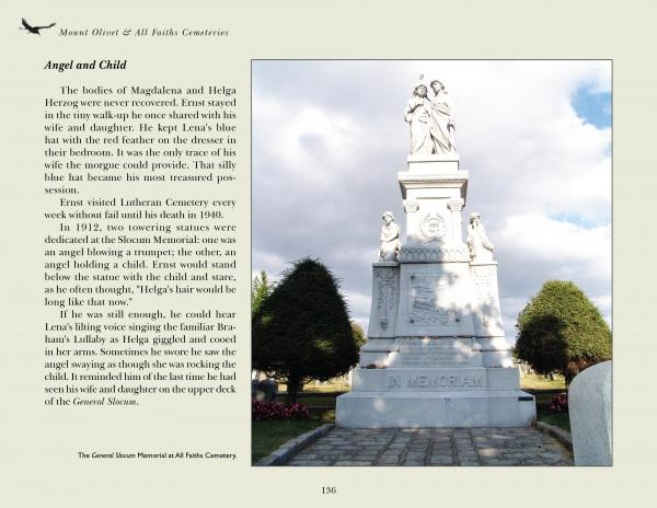 A tall white marble memorial statue stands in a cemetery with trees and gravestones. Featured in Schiffer Publishing, Ltd.'s "Long Island's Most Haunted Cemeteries," it attracts ghost hunters and fans of paranormal investigations.