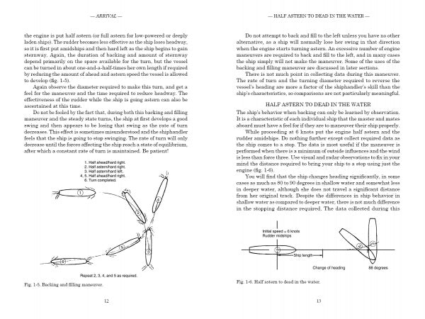 Two pages from Shiphandling for the Mariner by Schiffer Publishing, Ltd. feature diagrams of commercial vessels backing and filling (Figs. 1-3) and a right-page illustration (Fig. 1-4) showing a half astern turn to dead in the water.