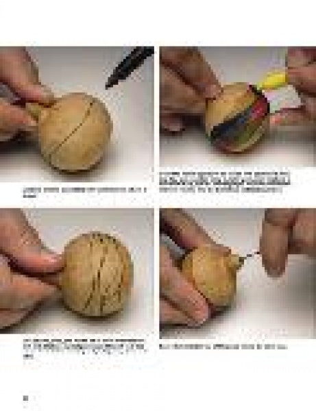 A four-step photo guide from Schiffer Publishing, Ltd.'s "Making Gourd Ornaments" shows hands marking and carving lines, demonstrating ideal techniques for creative gourd crafting or handcrafted ornament projects.