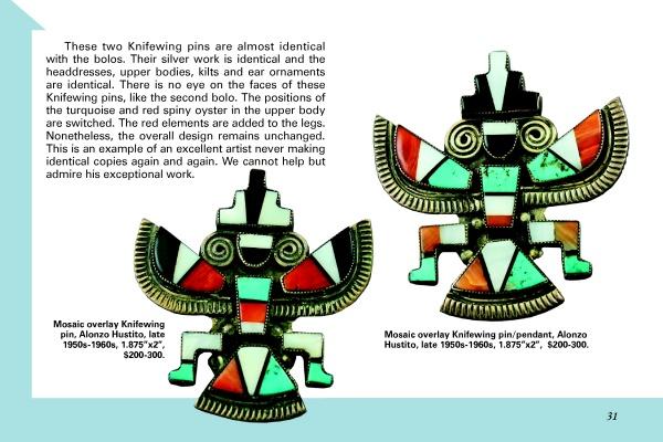 Knifewing & Rainbow Man in Zuni Jewelry by Schiffer Publishing, Ltd. explores classic mosaic designs, featuring stylized birds with outstretched wings and geometric patterns crafted from turquoise and colored stones in silver.
