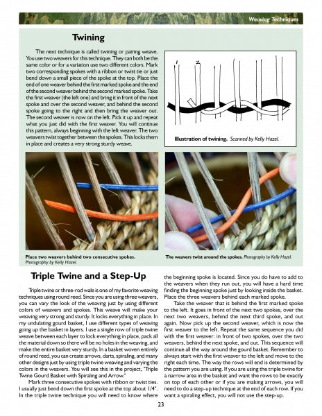 A magazine page features "Weaving on Gourds" by Schiffer Publishing, Ltd., illustrating the twining weaving technique with diagrams, close-up photos of hands weaving colored materials on gourds, and detailed step-by-step instructions.