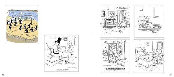 Discover laugh-out-loud moments in "Mirth in the Morning...and All Laughternoon" from Schiffer Publishing, Ltd.—six witty single-panel black-and-white cartoons by Jonny Hawkins feature penguins, quirky doctors, psychics, alleys, and more comic fun!.