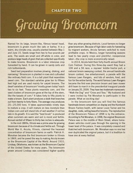 A page from "Swept Away" by Schiffer Publishing, Ltd. features text on broomcorn’s growth, harvest, and use in broom making, with decorative borders and a prominent chapter heading at the top.