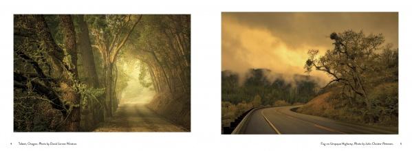 Experience the beauty of Southern Oregon with Schiffer Publishing, Ltd.—featuring stunning landscape photos of a sunlit dirt road through forest and a winding paved road under dramatic clouds, capturing the region's unique charm.