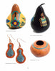 Discover "InLace Techniques" by Schiffer Publishing, Ltd.—a guide showcasing four unique gourd art pieces: two intricately carved and painted gourds, blue-accented gourd-shaped earrings, and a round gourd bowl with a blue rim.