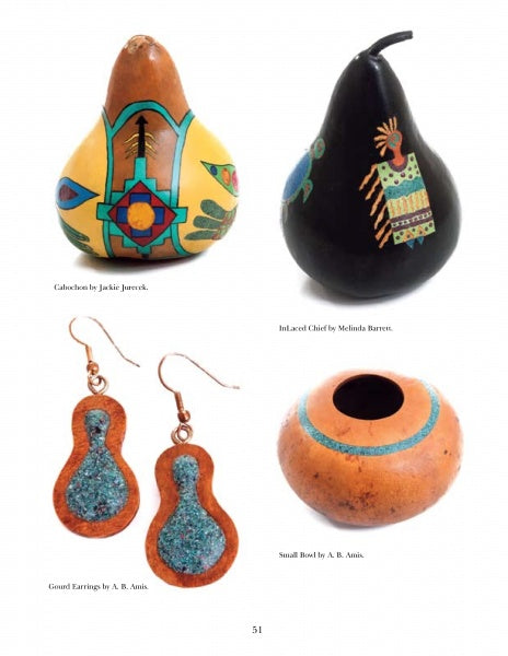 Discover "InLace Techniques" by Schiffer Publishing, Ltd.—a guide showcasing four unique gourd art pieces: two intricately carved and painted gourds, blue-accented gourd-shaped earrings, and a round gourd bowl with a blue rim.