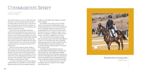 A woman in equestrian attire rides a dark horse outdoors, framed by a yellow border. On the left, inspiring stories from "Reasons to Smile" by Schiffer Publishing, Ltd. are shared. Below, a quote reads: Freedom lies in being bold.
