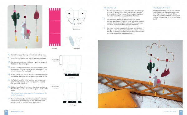 An open "Paper Joy for Every Room" by Schiffer Publishing, Ltd. displays a llama mobile craft: illustrated templates and steps on the left, and DIY paper decor projects with instructions plus a photo of the finished mobile above a bed on the right.