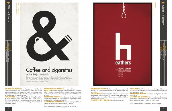 A two-page spread in Schiffer Publishing’s Alternative Movie Posters shows a black ampersand for “Coffee and Cigarettes” on the left and a white “h” on red for “Heathers” on the right, with columns of text along each side.