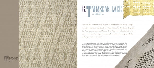 A book spread from "Weave Leno" by Schiffer Publishing, Ltd. shows a detailed close-up of leno lacework on the left and the chapter "Tarascan Lace" with historical and weaving technique text plus a partial lace photo on the right.