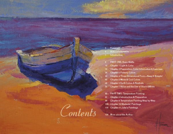 A vivid painting of a small wooden boat on a sandy shore in orange, yellow, blue, and purple illustrates color theory. White text lists the table of contents for "Fire and Light" by Schiffer Publishing, Ltd.