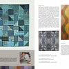 A two-page spread from *Art Quilts International* (Schiffer Publishing, Ltd.) shows a blue geometric quilt, artist Kent Williams' photo, text, insights on being an artist, and images of abstract and multicolored quilt patterns.