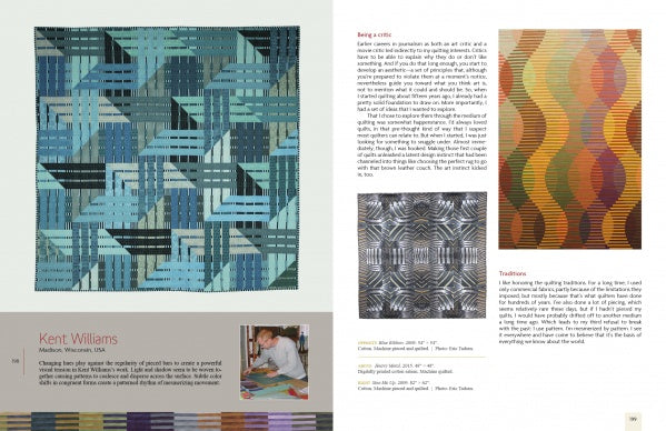 A two-page spread from *Art Quilts International* (Schiffer Publishing, Ltd.) shows a blue geometric quilt, artist Kent Williams' photo, text, insights on being an artist, and images of abstract and multicolored quilt patterns.