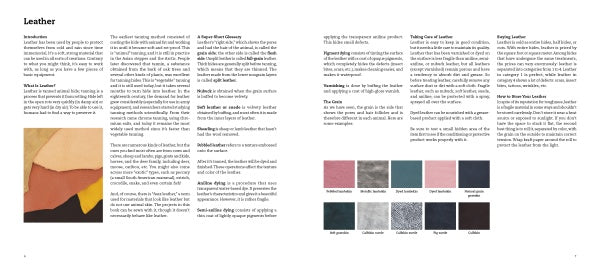 An open spread of "Little Delights in Leather" by Schiffer Publishing, Ltd. showcases colorful leather swatches on the left and sample types on the bottom right, with text on both pages guiding beginners through leather crafting projects.