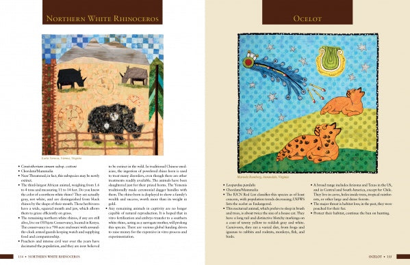 Inspired by Endangered Species by Schiffer Publishing, Ltd. features a vibrant two-page quilt-style illustration of a northern white rhinoceros with calf and an ocelot, engaging readers with eco-awareness and colorful art.
