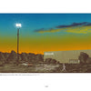 Inspired by Printmakers Today by Schiffer Publishing, Ltd.: a sunset-lit parking lot with one streetlight, a parked car, a lone walker, and a distant Dillards. Vivid skies and trees reflect modern printmaking techniques.