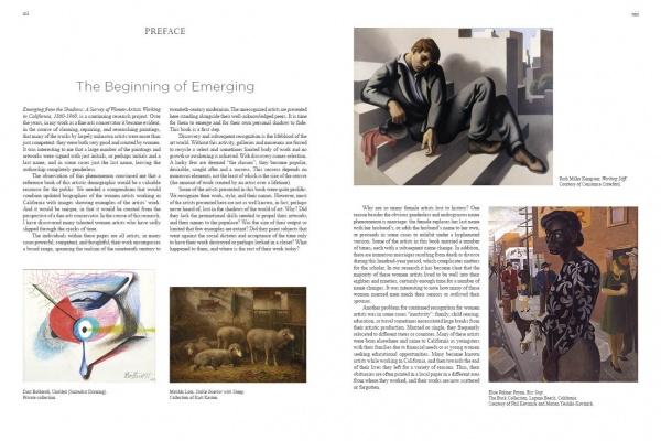 A two-page spread from "Emerging from the Shadows, Vol. I" (Schiffer Publishing, Ltd.) explores California's art history, featuring four paintings: abstract art, sheep in a field, a man on stairs, and a dark-skinned man in a city at night.