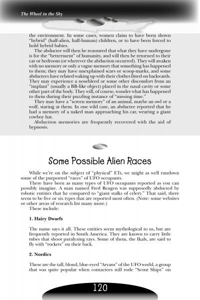 Page 120 of Midwest UFOs and Beyond (Schiffer Publishing, Ltd.) describes Hairy Dwarfs and other aliens, discussing UFOs, reported encounters, hybrid offspring, and alleged physical evidence.
