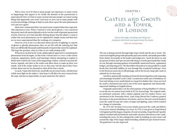 An open copy of *Haunted Britain* by Schiffer Publishing, Ltd. shows pages 16–17: page 16 features text and a red brushstroke; page 17 opens Chapter 1, “Castles and Ghosts,” with a quote and intro to the UK’s haunted sites.