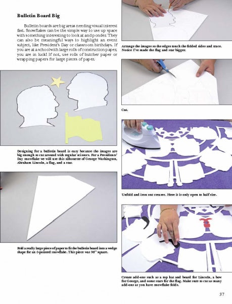 Instructional page with step-by-step photos and written directions for creating a bulletin board display using papercutting techniques with Schiffer Publishing, Ltd.'s "Creating Snowflake Art.