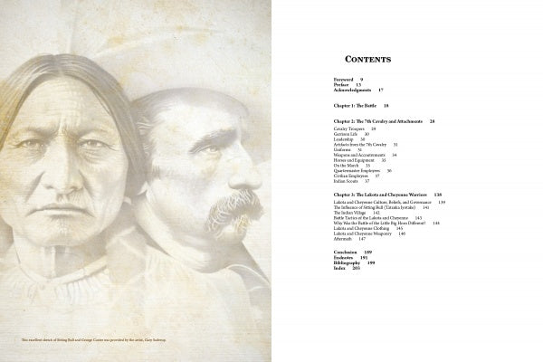 Left page: Sepia portraits of two Indigenous people—a photographic study. Right page: Table of contents with chapters, sections, and page numbers for "Artifacts of the Battle of Little Big Horn" by Schiffer Publishing, Ltd. in black on white.