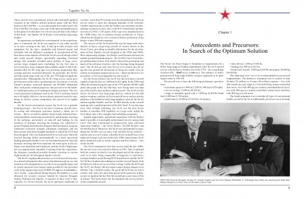 A book spread from "Tupolev Tu-16" by Schiffer Publishing, Ltd. has dense text on the left and the chapter title "Antecedents and Precursors: In Search of the Optimum Solution" above a B&W photo of two men discussing a Soviet medium bomber on the right.