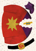 A scene from "Yikes! Santa Claus is in His Underpants!" by Schiffer Publishing, Ltd. shows a torn red superhero suit with a yellow star, revealing purple lining, blue goggles, and a black belt with a yellow SN emblem on a starry white background.
