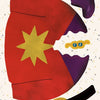 A scene from "Yikes! Santa Claus is in His Underpants!" by Schiffer Publishing, Ltd. shows a torn red superhero suit with a yellow star, revealing purple lining, blue goggles, and a black belt with a yellow SN emblem on a starry white background.