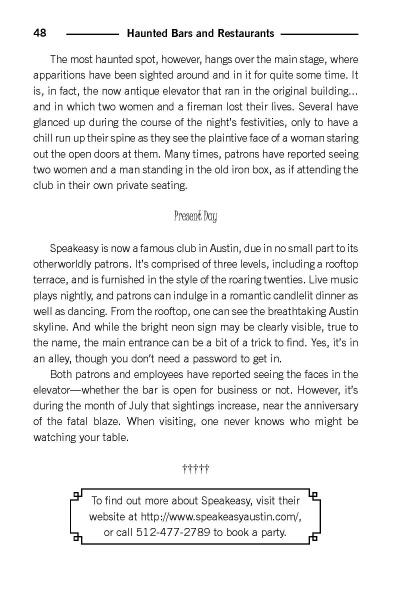 A page from Haunted Austin, Texas by Schiffer Publishing, Ltd. describes the haunted elevator at Austin Speakeasy and local legends—ideal for ghost tour planners or haunted Austin fans, with a contact info box for site visits.