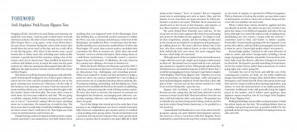 Two pages from "Western Art of the Twenty-First Century" by Schiffer Publishing, Ltd., show a blue-titled foreword and text-rich paragraphs discussing contemporary Western art and the history of the West, with no images or illustrations.
