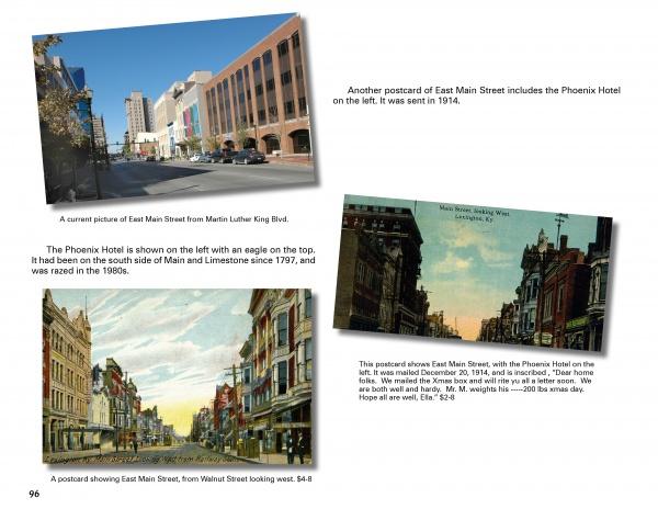 A page from "Lexington, Kentucky" by Schiffer Publishing, Ltd. features a recent East Main Street photo, vintage postcards, and the Phoenix Hotel, with text highlighting historic Lexington architecture and photography.