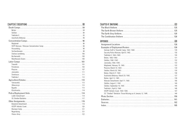 The Trawniki Guards by Schiffer Publishing, Ltd. features table of contents pages listing chapters and sections on Identities (camps, subcamps like Trawniki), Uniforms, and page numbers. Black-on-white headings reflect the Holocaust era and the Final Solution context.