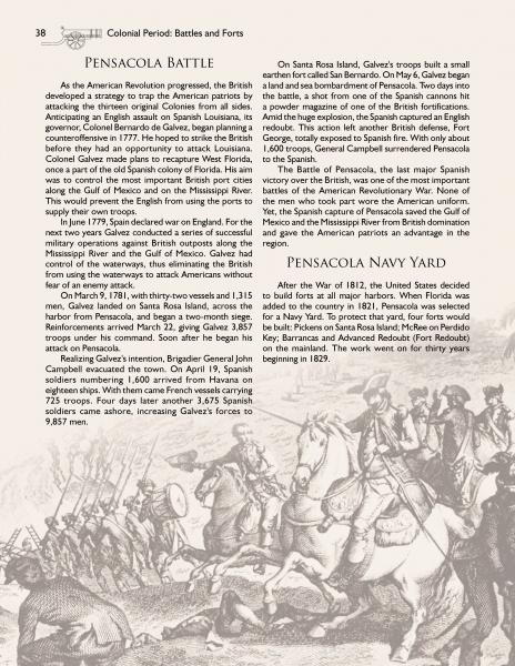 Florida At War by Schiffer Publishing, Ltd. features a historical book page titled "Pensacola Battle" and "Pensacola Navy Yard," with black-and-white illustrations of soldiers on horseback with rifles and swords alongside informative text.