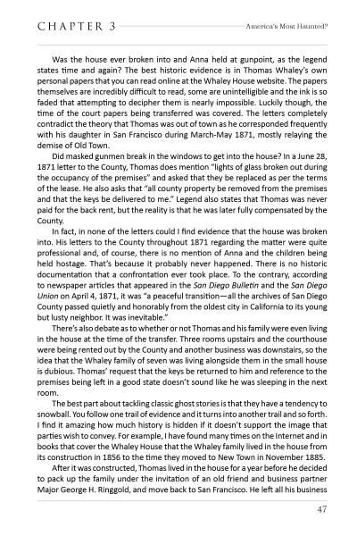A page from Piercing the Veil by Schiffer Publishing, Ltd. titled CHAPTER 3: America's Most Haunted? explores San Diego ghost stories, referencing Whaley House break-ins, old newspapers, letters, and local legends. Page 47 is noted at the bottom.