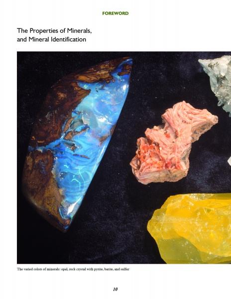 A page from Schiffer Publishing, Ltd.'s Gems & Minerals displays a blue and brown opal, a pink rock crystal, and a yellow sulfur specimen, all highlighted against a striking black background for easy mineral identification.
