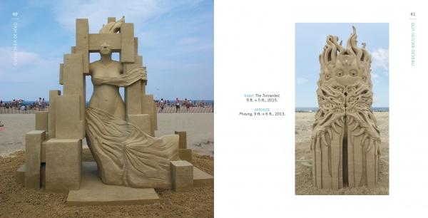 Contemporary Sand Sculpture by Schiffer Publishing, Ltd. depicts two intricate beach sculptures: a tall, abstract female figure with geometric elements on the left, and an ornate design with swirling, flame-like patterns and multiple faces on the right.