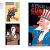 Inspired by Seymour Chwast and Push Pin Studios, "Poster Man" by Schiffer Publishing, Ltd. features three graphic posters on gun violence: a profit-driven gun, a suited figure with a gun, and Uncle Sam shot by "America's shame.