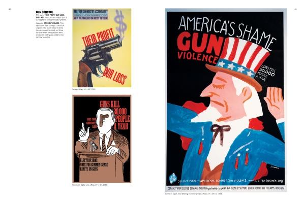 Inspired by Seymour Chwast and Push Pin Studios, "Poster Man" by Schiffer Publishing, Ltd. features three graphic posters on gun violence: a profit-driven gun, a suited figure with a gun, and Uncle Sam shot by "America's shame.