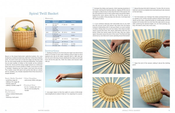 Basketry Basics by Schiffer Publishing, Ltd. is an illustrated guide with step-by-step photos and instructions on weaving a spiral twill basket, showing materials, the weaving process, and a completed apple basket with detailed text guidance.