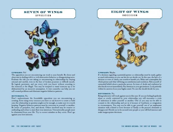 An open spread from The Enchanted Love Tarot by Schiffer Publishing, Ltd. displays the Seven of Wings—Opposition and Eight of Wings—Indecision cards, each with butterfly art and text exploring relationship themes.