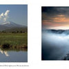 Side-by-side photos showcase Southern Oregon: a moonlit cliff and smoky volcano reflected in water, and a vibrant sunrise or sunset over misty, forested peaks. From "Southern Oregon" by Schiffer Publishing, Ltd.