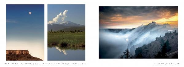 Side-by-side photos showcase Southern Oregon: a moonlit cliff and smoky volcano reflected in water, and a vibrant sunrise or sunset over misty, forested peaks. From "Southern Oregon" by Schiffer Publishing, Ltd.