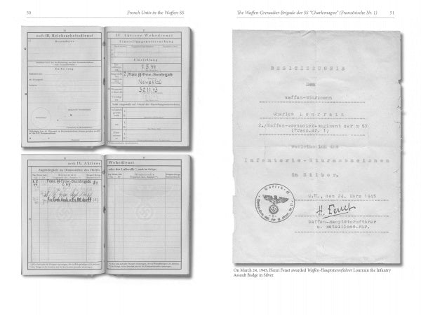 Two grayscale pages from Schiffer Publishing, Ltd.’s "French Units in the Waffen-SS" show WWII German documents: the left page has handwritten booklets; the right displays a typed certificate with a Nazi eagle seal, likely linked to French SS Charlemagne Division.