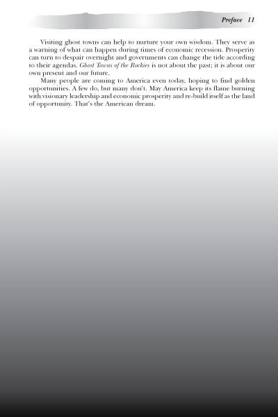 A page titled "Preface 11" in Schiffer Publishing, Ltd.'s *Ghost Towns of the Rockies* shares lessons from Rocky Mountain ghost towns and reflects on America's rags-to-riches stories and the pursuit of opportunity and the American dream.