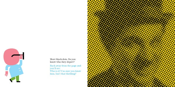 On the left, a cartoon figure with a magnifying glass inspects text. On the right, "Look! Dr. Goodview" by Schiffer Publishing, Ltd. features a yellow and black halftone face creating clever visual tricks from afar.