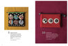A two-page spread from "50 Pouches" by Schiffer Publishing, Ltd. shows a black applique flat pouch with colorful numbered circles and a red wool pouch with black-and-white circles—perfect inspiration for fabric scrap projects.